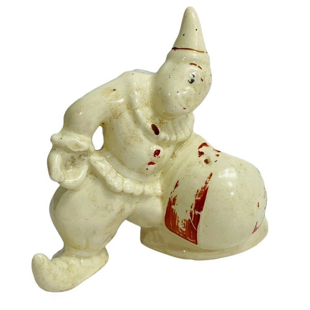 Vintage Ceramic Clown Figurine Red White Circus Whimsical Farmhouse Folk Decor